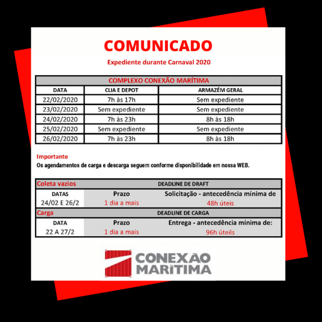 Comunicado Expediente Conexão Marítima Carnaval 2020